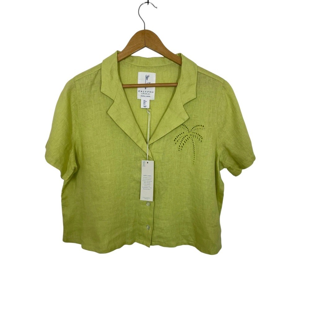 100% Linen Calypso St. Barth  Solid Green Embroidered New Wrinkled, XL